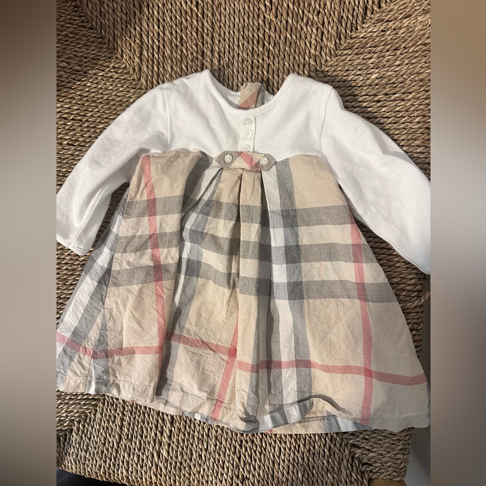 Burberry Cream and Beige Plaid Long-Sleeve Kids Dress